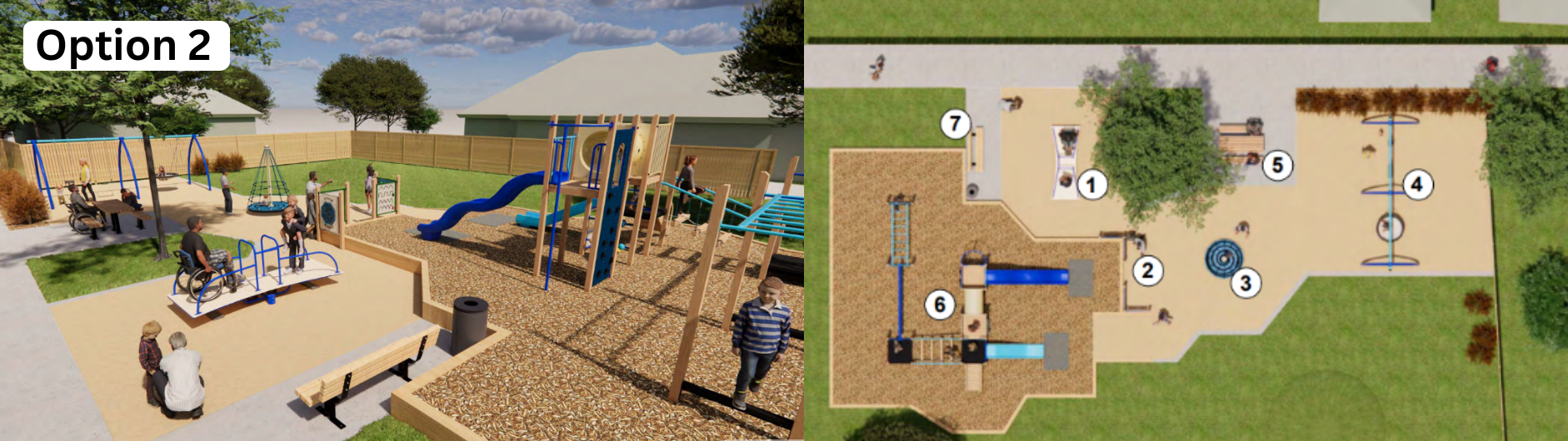  Side-by-side 3D renderings of two playground design options for Duncan Park Playground. Both designs feature similar elements, including swings, a playhouse, climbing structures, and a slide, set on a mix of red and orange soft-fall surfaces. Option 1 in