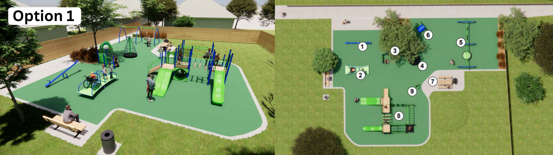  Side-by-side 3D renderings of two playground design options for Duncan Park Playground. Both designs feature similar elements, including swings, a playhouse, climbing structures, and a slide, set on a mix of red and orange soft-fall surfaces. Option 1 in