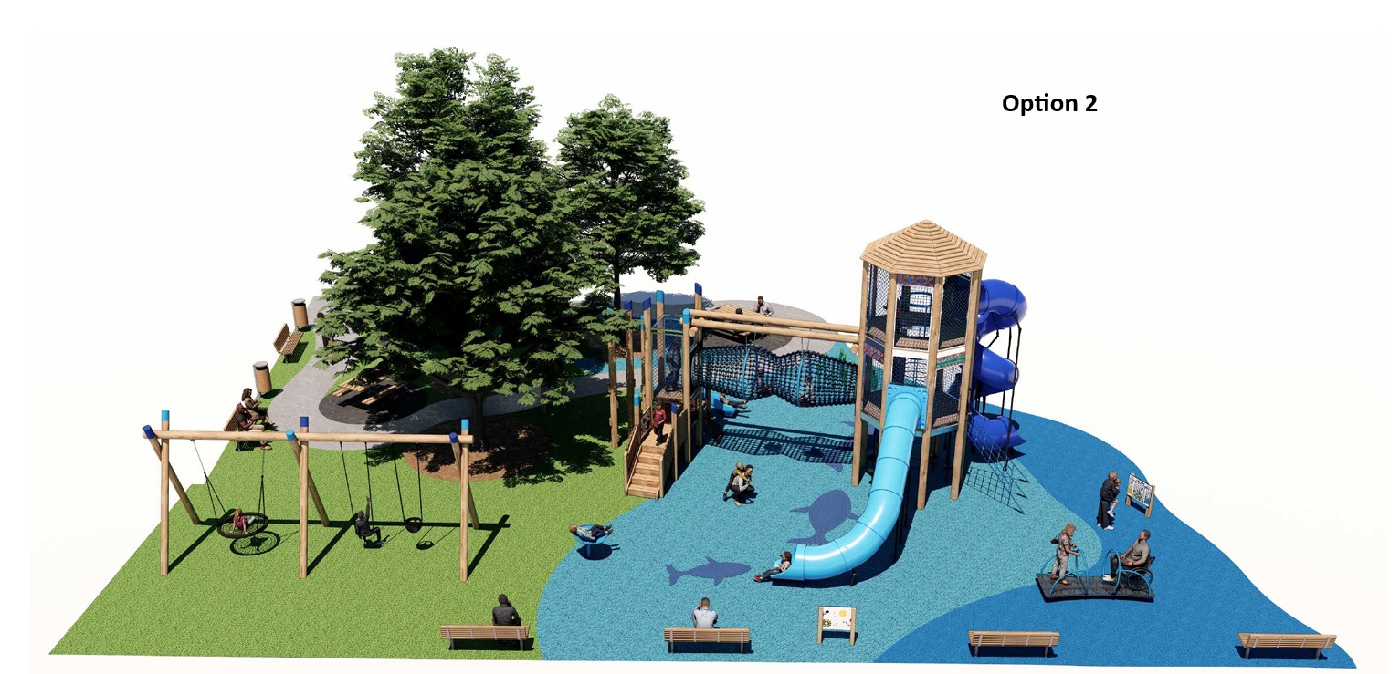  Side-by-side 3D renderings of two playground design options for Duncan Park Playground. Both designs feature similar elements, including swings, a playhouse, climbing structures, and a slide, set on a mix of red and orange soft-fall surfaces. Option 1 in