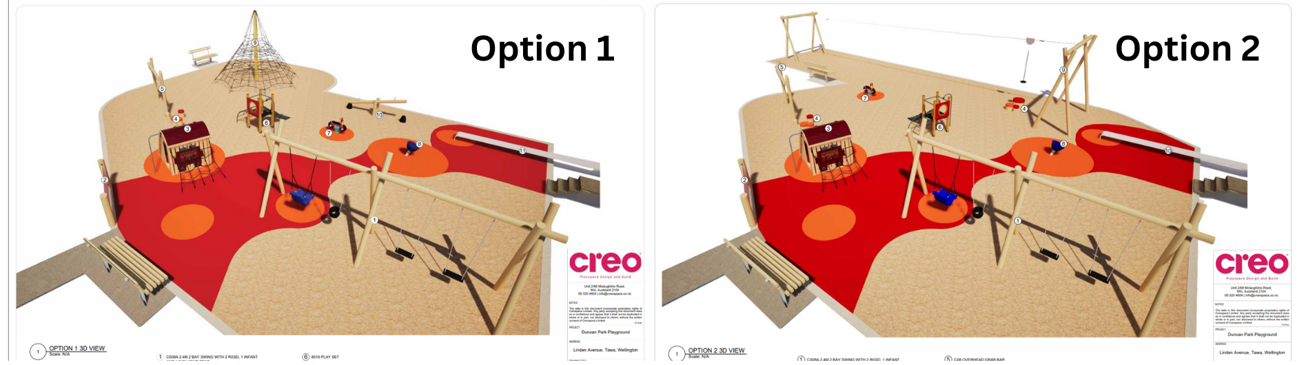 Side-by-side 3D renderings of two playground design options for Duncan Park Playground. Both designs feature similar elements, including swings, a playhouse, climbing structures, and a slide, set on a mix of red and orange soft-fall surfaces. Option 1 in